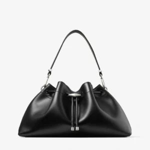 Cinch Medium Black Leather Drawstring Shoulder Bag