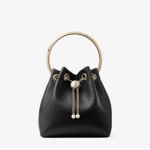 Micro Bon Bon Black Leather Pearl Detail Ring Handle Mini Bucket Bag