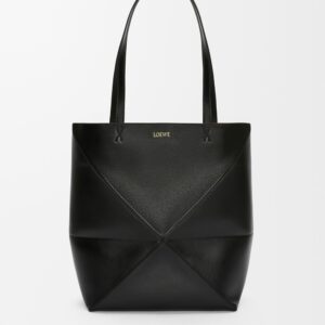 Medium Puzzle Fold tote in shiny calfskin, Black